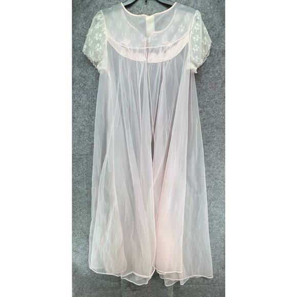 Vintage 60s 70s Peignoir Negligee L Pink Floral Nylon Lace Sheer Retro Feminine - Picture 6 of 13